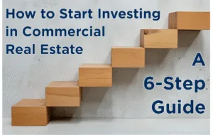 The image shows six wooden stairs, against a plain concrete wall and floor, with the words "How to Start Investing in Commercial Real Estate" and "A 6-Step Guide" in blue text.